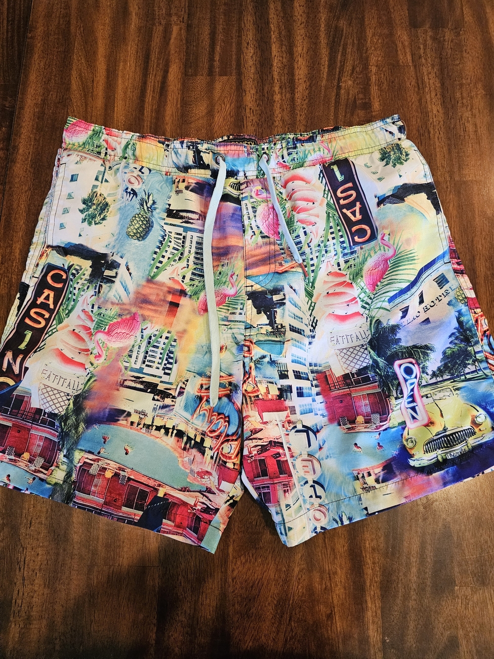Surf Society Men's XL Swim Trunks Retro Neon Flamingo Casino Board Shorts XL